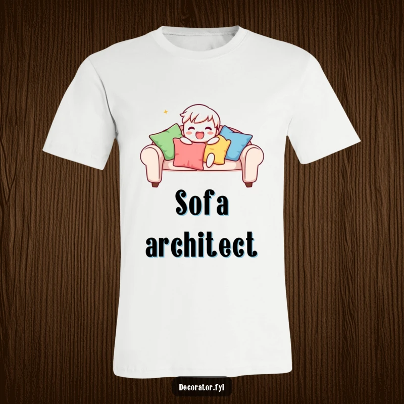 Funny t-shirt displaying a playful character gleefully arranging colorful cushions on a sofa, celebrating the joy of interior design with humor.
