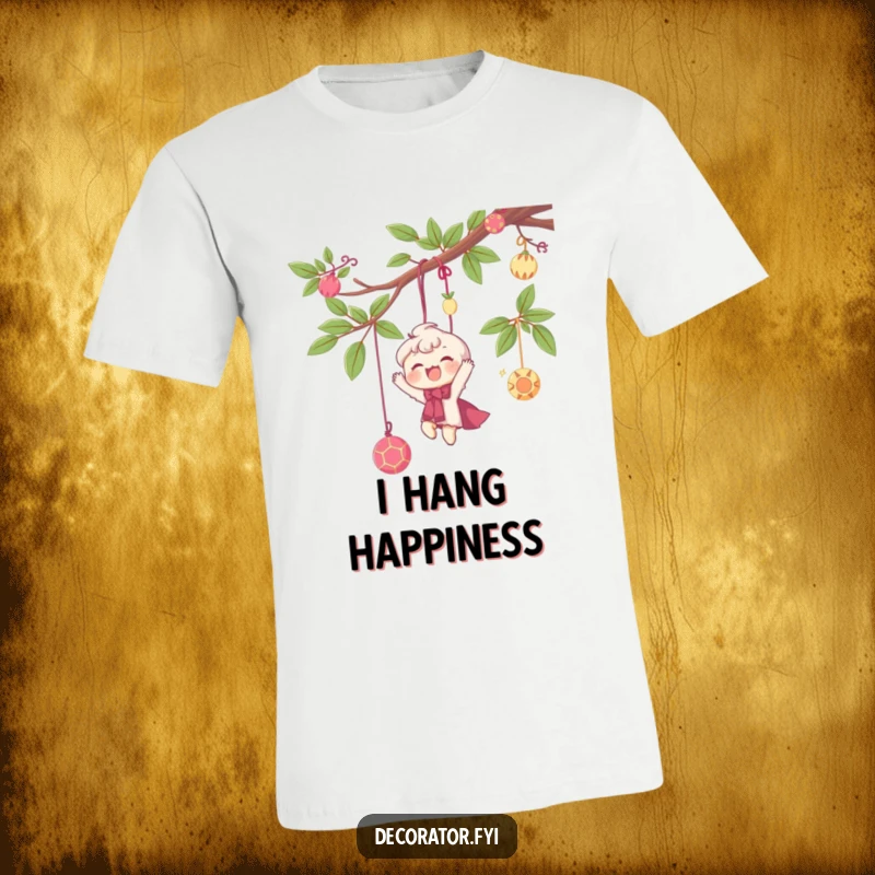Funny t-shirt with a delighted character happily hanging whimsical decorations from a branch, perfect for decorators and party planners.