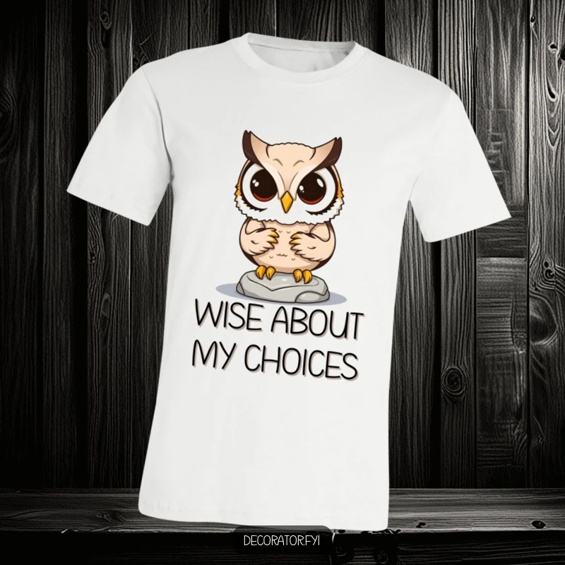 Funny T-shirt with a determined owl character intently placing a miniature statue, highlighting its focused and humorous nature.