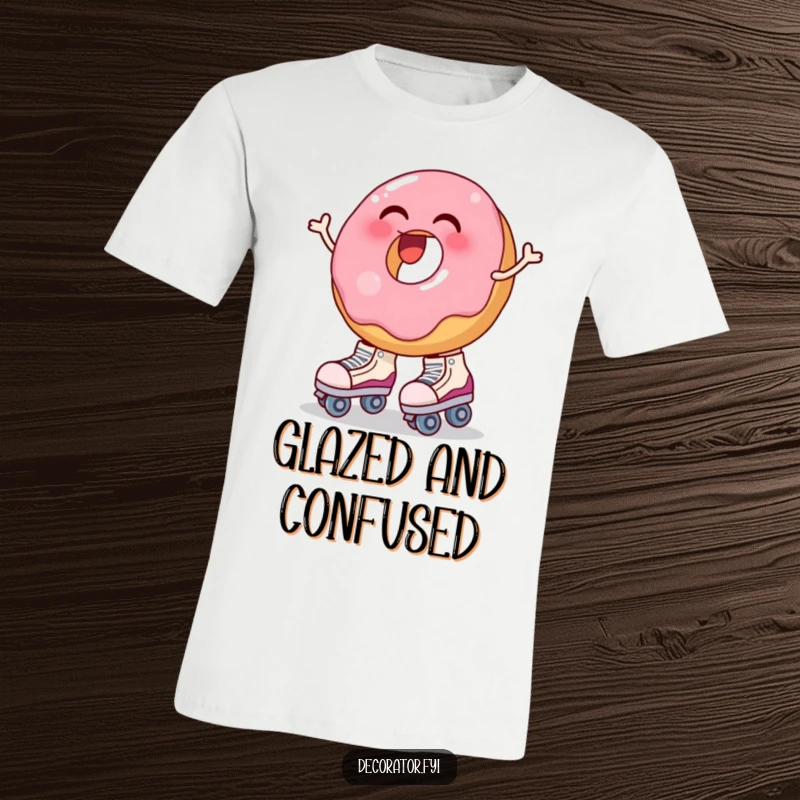 Funny t-shirt showing a laughing donut attempting to put on huge roller skates, looking unsteady. A humorous gift.