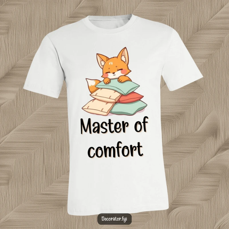 Funny mischievous fox winking as it playfully arranges a large pile of cushions, depicting cozy mischief in a humorous t-shirt.