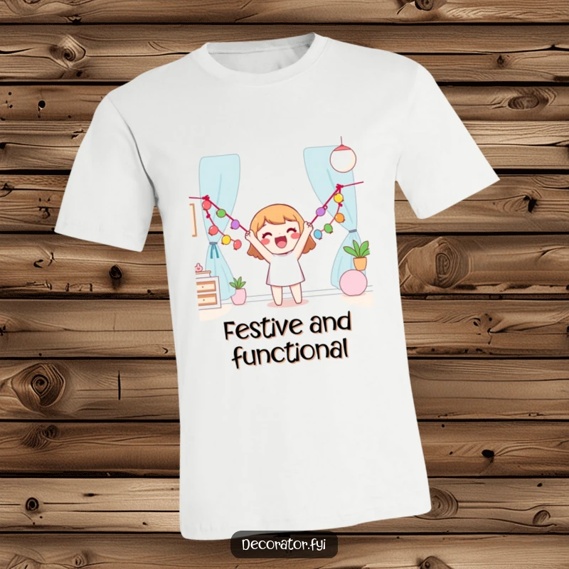 Funny T-Shirt depicting a happy character excitedly hanging a vibrant garland across a room, spreading festive cheer.