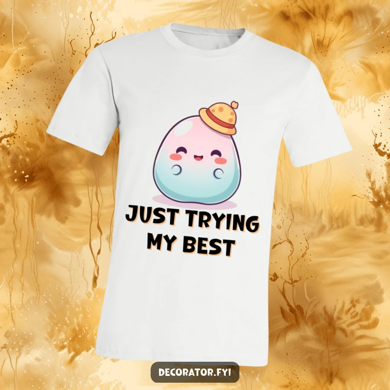 Funny t-shirt featuring a wobbly jelly character comically attempting to keep a tiny hat perched on its head.