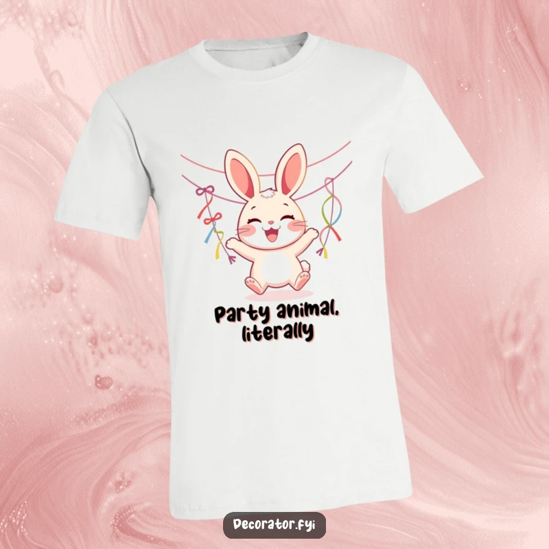 Funny t-shirt displaying a joyous rabbit character cheerfully hanging colorful streamers, radiating pure party happiness.