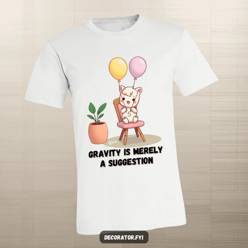Funny t-shirt showing a mischievous character tying balloons to a chair, embodying playful chaos and unexpected fun.