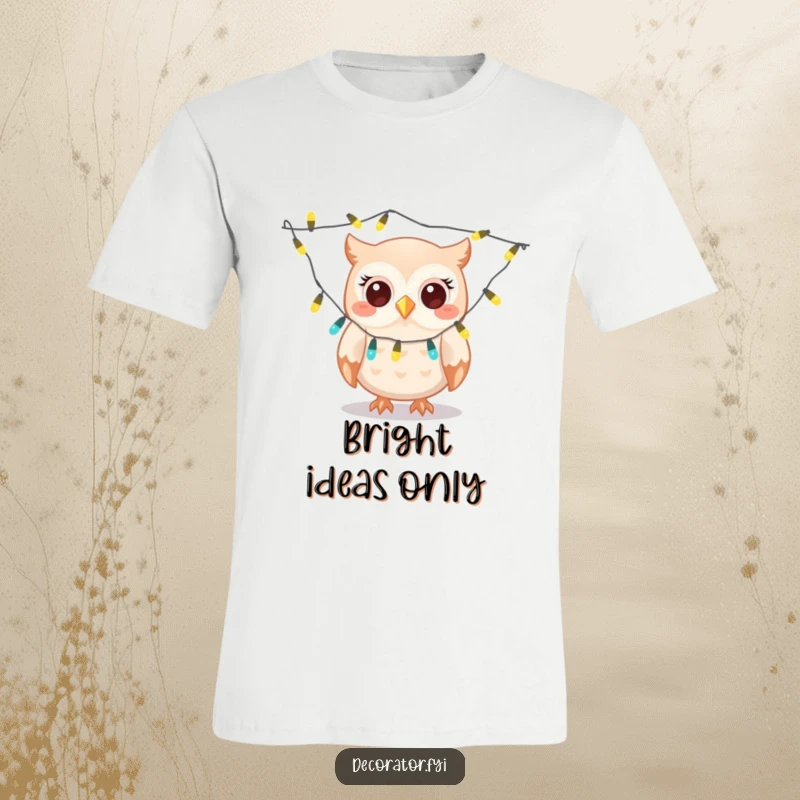 Funny owl t-shirt, a giggling character gleefully draping twinkling lights, embodying the fun of festive decoration.