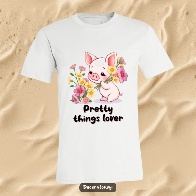 Funny t-shirt: a cheerful piglet looks with adoration at a newly arranged bouquet of vibrant flowers, celebrating nature.