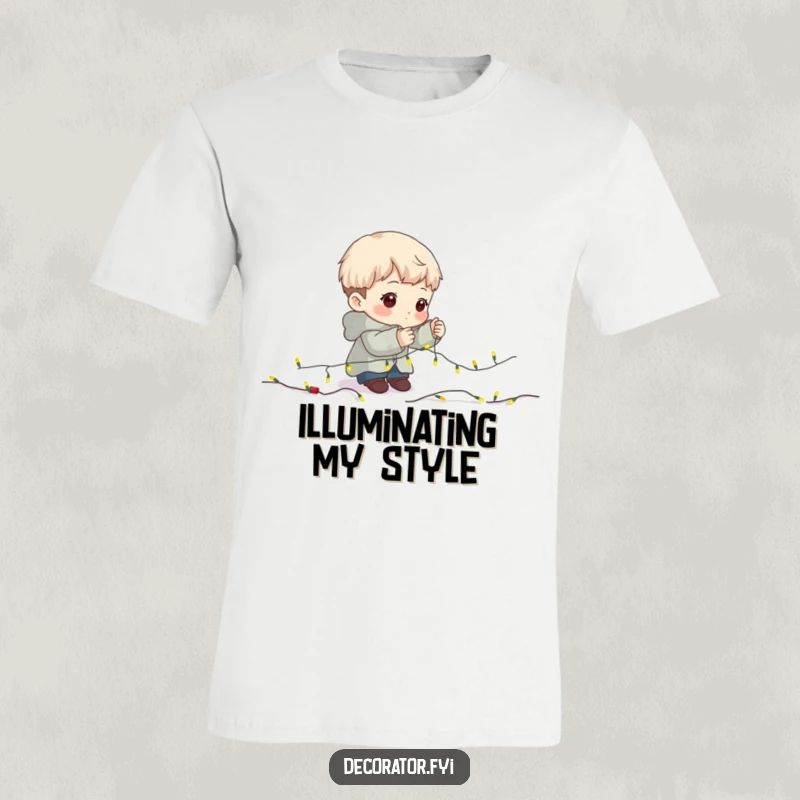 Funny T-Shirt: A focused character carefully stringing miniature fairy lights onto a garland.