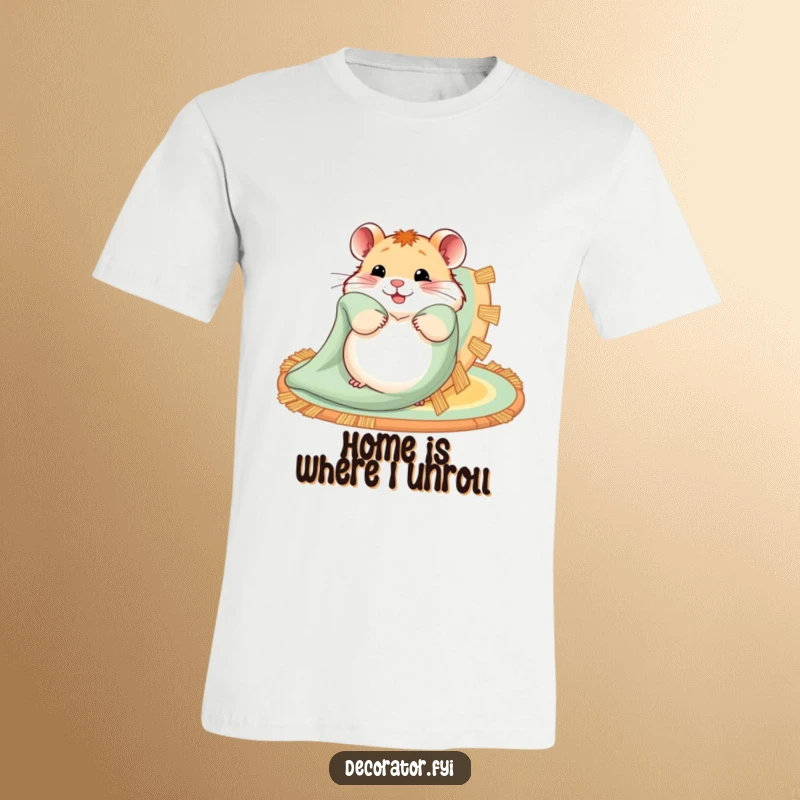 Funny t-shirt displaying a hamster joyfully unfurling a bright, patterned rug, embodying happiness and home comfort.