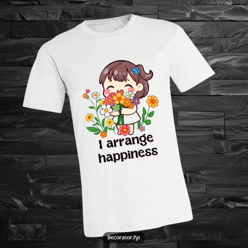 Funny t-shirt with a playful character joyfully arranging colorful flowers into a bouquet, perfect for gardeners and florists.