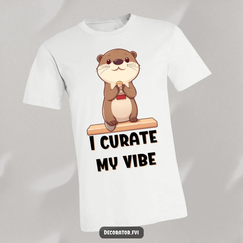 Funny t-shirt depicting an otter carefully placing a tiny statue on a shelf, embodying meticulous decorating skills.