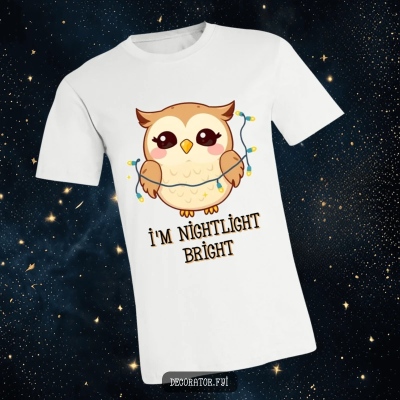 Funny t-shirt showcasing a giggling owl character in the act of draping twinkling lights with pure glee.
