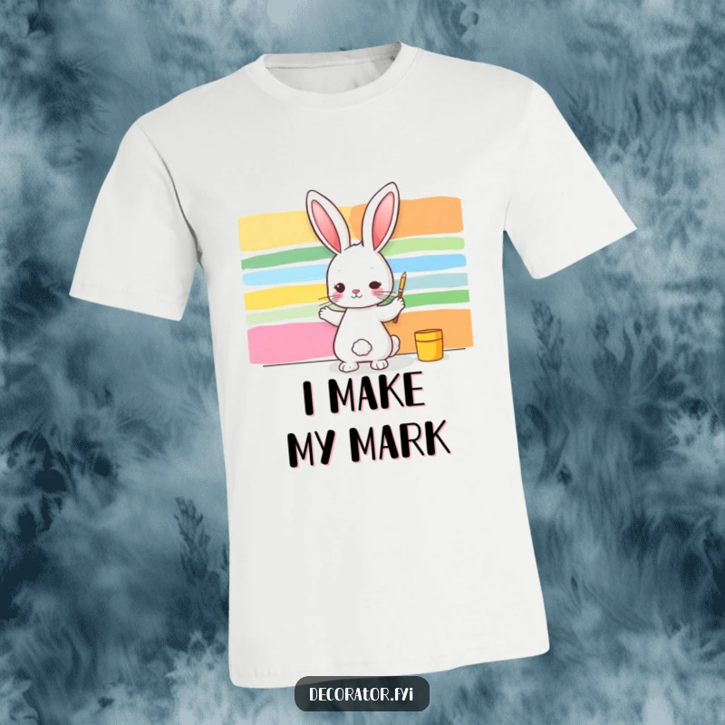 Funny t-shirt: a rabbit artist gleefully paints colorful stripes across a wall, showcasing a humorous and energetic artistic expression.