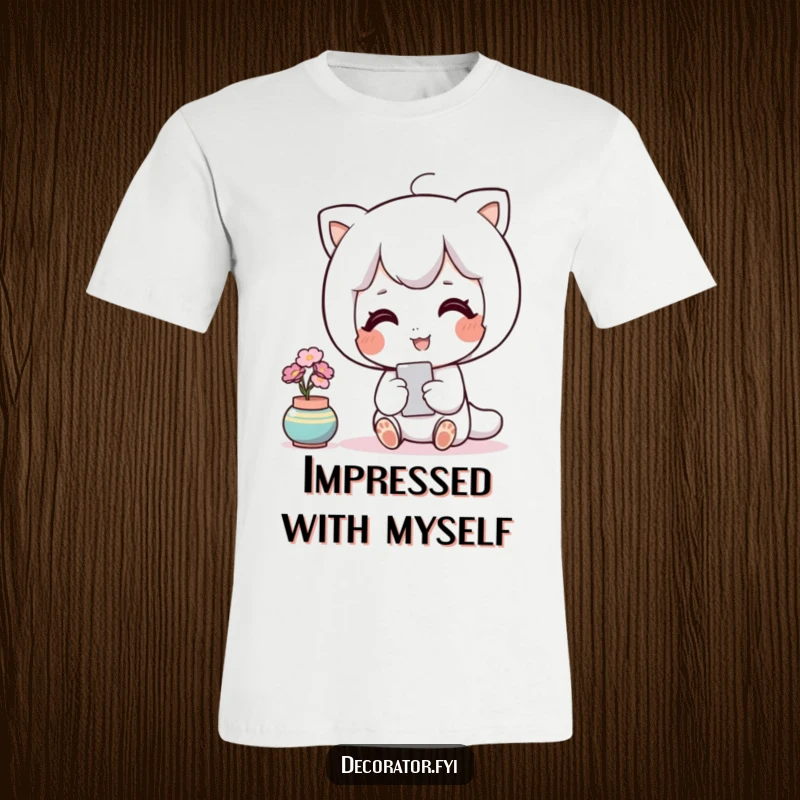 Funny decor t-shirt showing a contented character happily admiring a perfectly placed accent piece with delight.