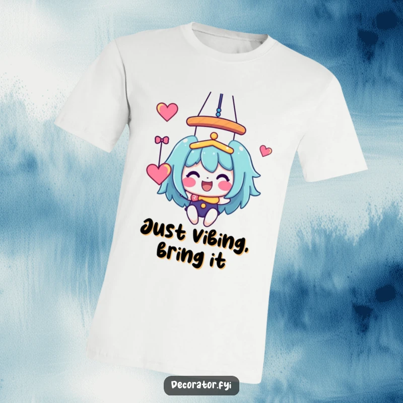 Funny T-Shirt: A joyful character energetically hanging a whimsical, colorful mobile, radiating happiness and creativity.