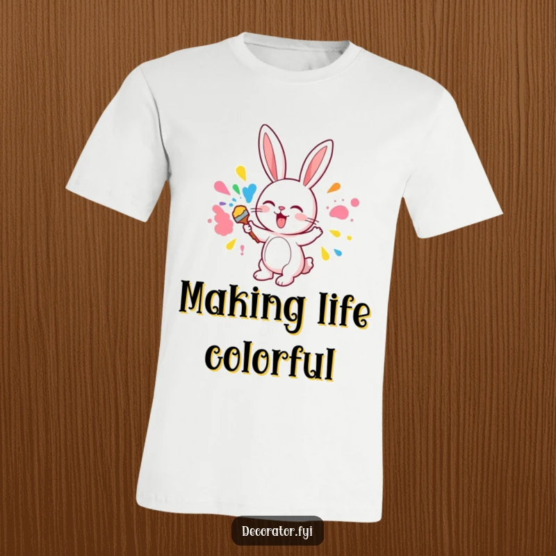 Funny t-shirt graphic of a cute bunny character eagerly applying colorful paint to a wall, creating a masterpiece.