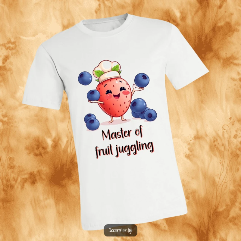 Funny strawberry chef t-shirt: a strawberry with a chef hat juggling oversized blueberries, a humorous food design.