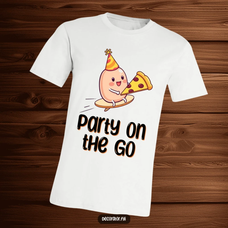 Funny T-Shirt: A wobbly jelly bean donning a party hat cruises ecstatically on a soaring pizza slice.