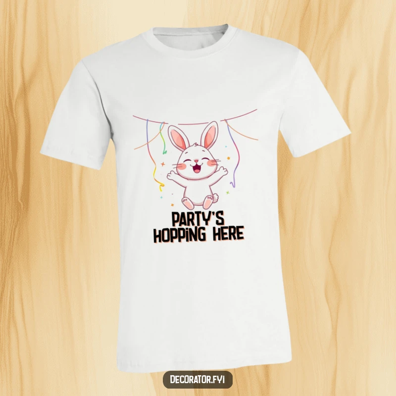 Funny cheerful rabbit character energetically hanging colorful streamers, radiating joy and party excitement for a t-shirt design.