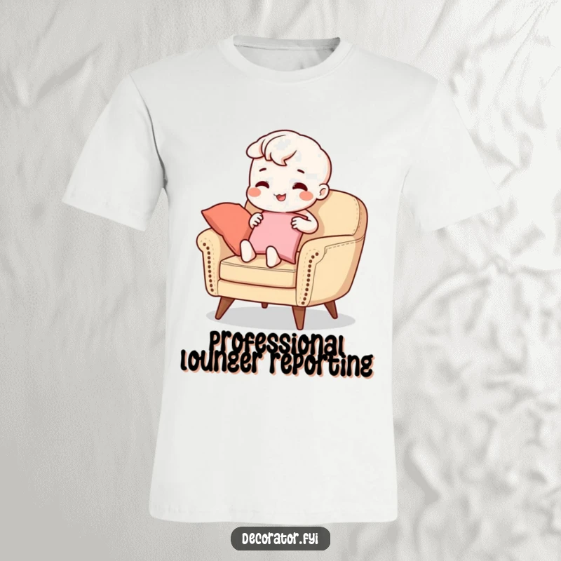 Funny T-Shirt: A beaming character carefully arranging cushions on a chic armchair, celebrating home styling with a humorous and cheerful attitude.