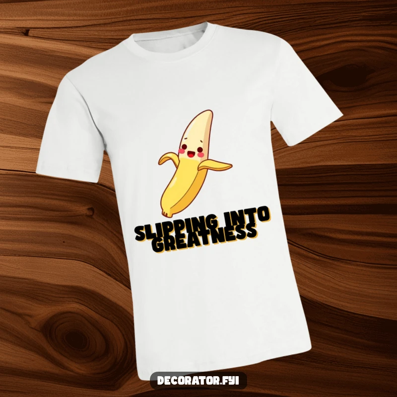 Funny T-Shirt: A delighted banana peel gracefully slides down a slippery breadstick, depicting hilarious, unexpected motion.