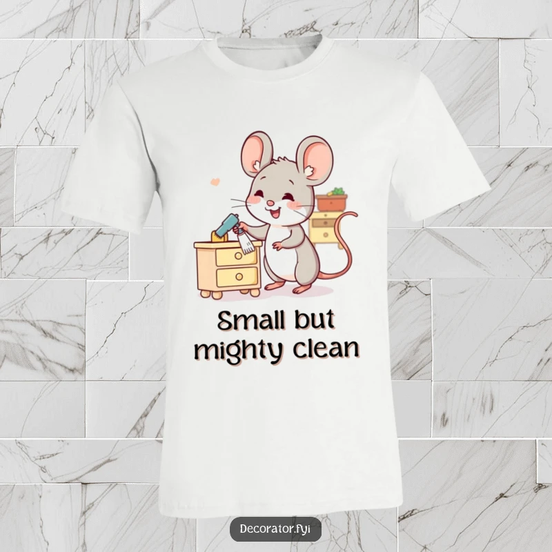 Funny T-shirt with a cheerful mouse character dusting a miniature armchair, highlighting its playful and tidy nature.