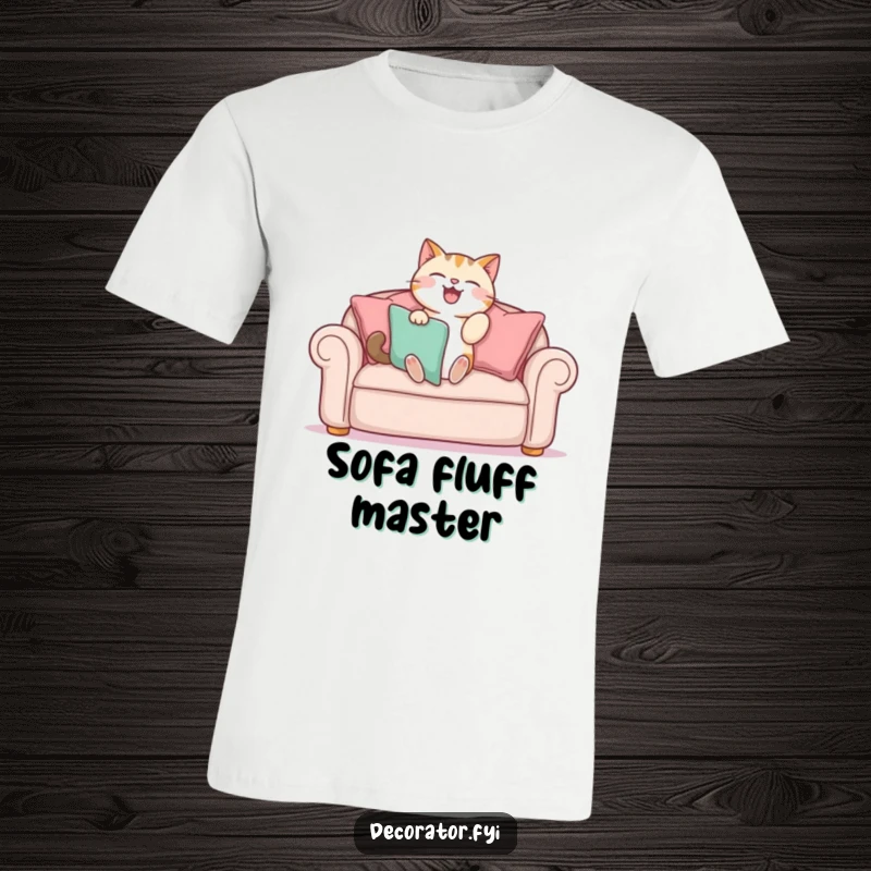 Funny t-shirt: a cat gleefully arranges sofa cushions, showcasing a humorous and meticulous approach to interior design.