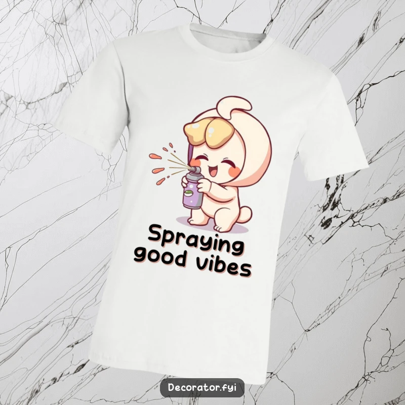 Funny t-shirt featuring a giggling character playfully spritzing paint from a small can, great for artists.