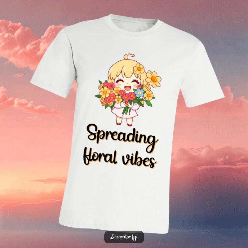 Funny T-Shirt: A joyful character is smiling widely while arranging a vibrant, colorful bouquet of fresh flowers.
