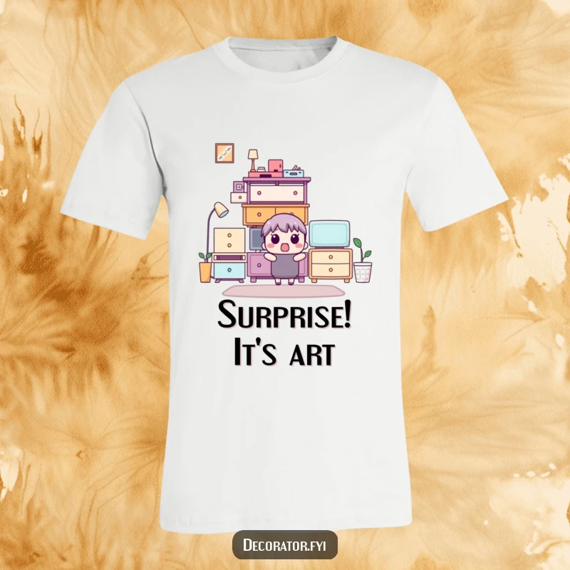 Funny t-shirt depicting a surprised character gazing at a perfectly arranged stack of furniture, great for design lovers.