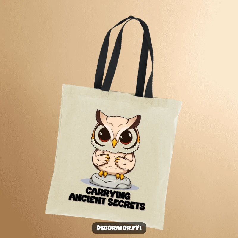 Funny tote bag featuring a determined owl character meticulously placing a small statue, showcasing its keen focus.