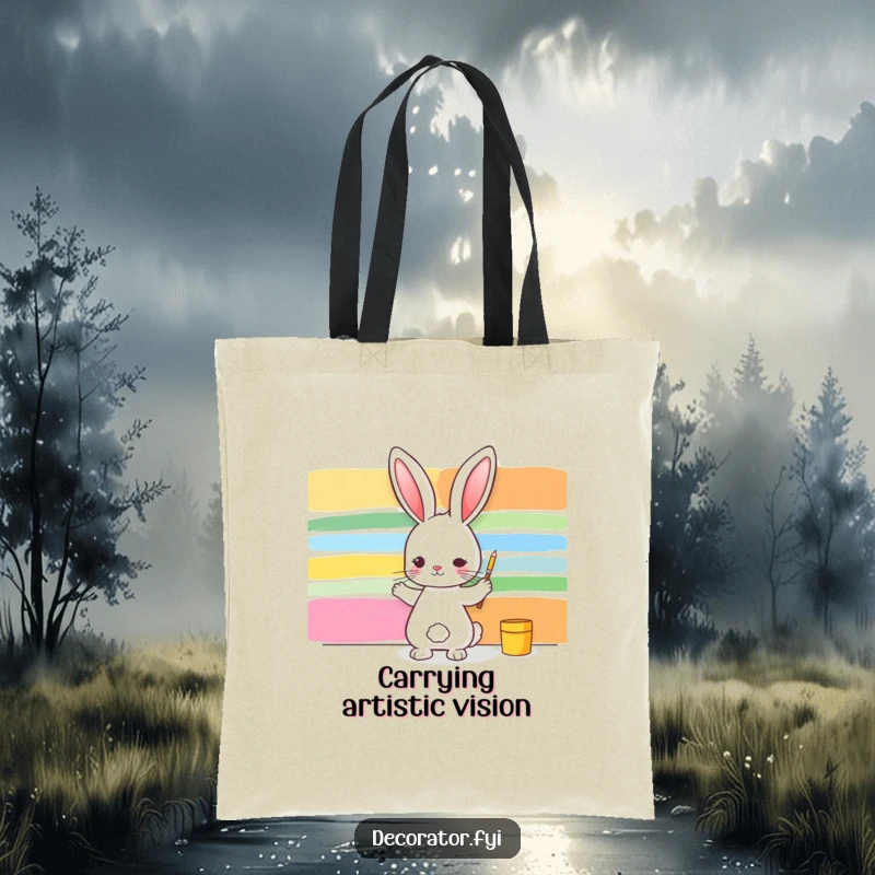 Funny tote bag showcasing a rabbit painting bright, abstract stripes on a wall, embodying a spirited and humorous artistic process.