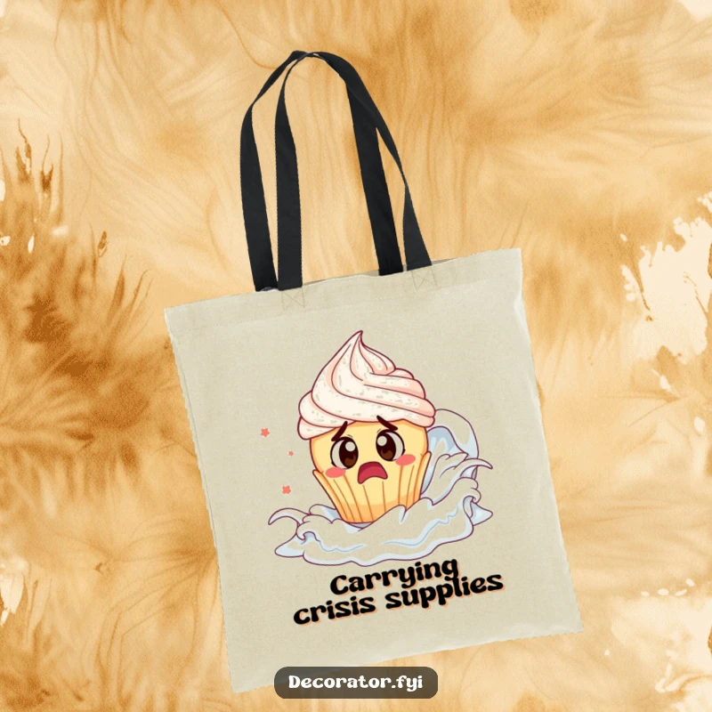 Funny cupcake tsunami tote bag: a cupcake flees frosting, a humorous and sweet accessory.