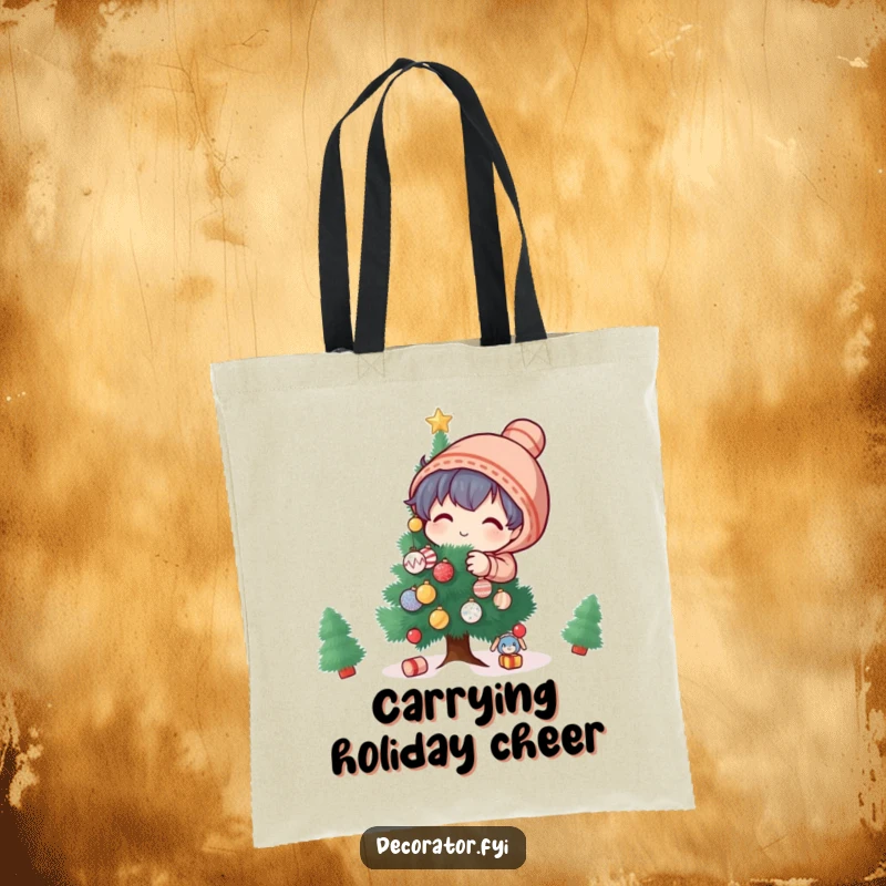 Funny Tote Bag: A playful character cheerfully decorates a small festive tree with tiny, sparkly ornaments.