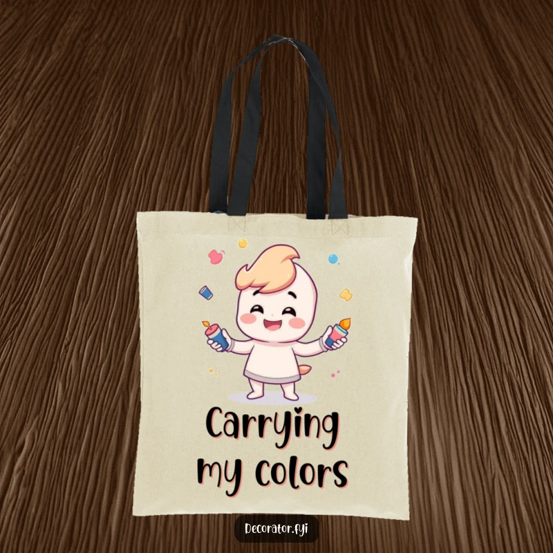 Funny Tote Bag with a grinning character playfully juggling tiny paint pots, perfect for carrying art supplies.