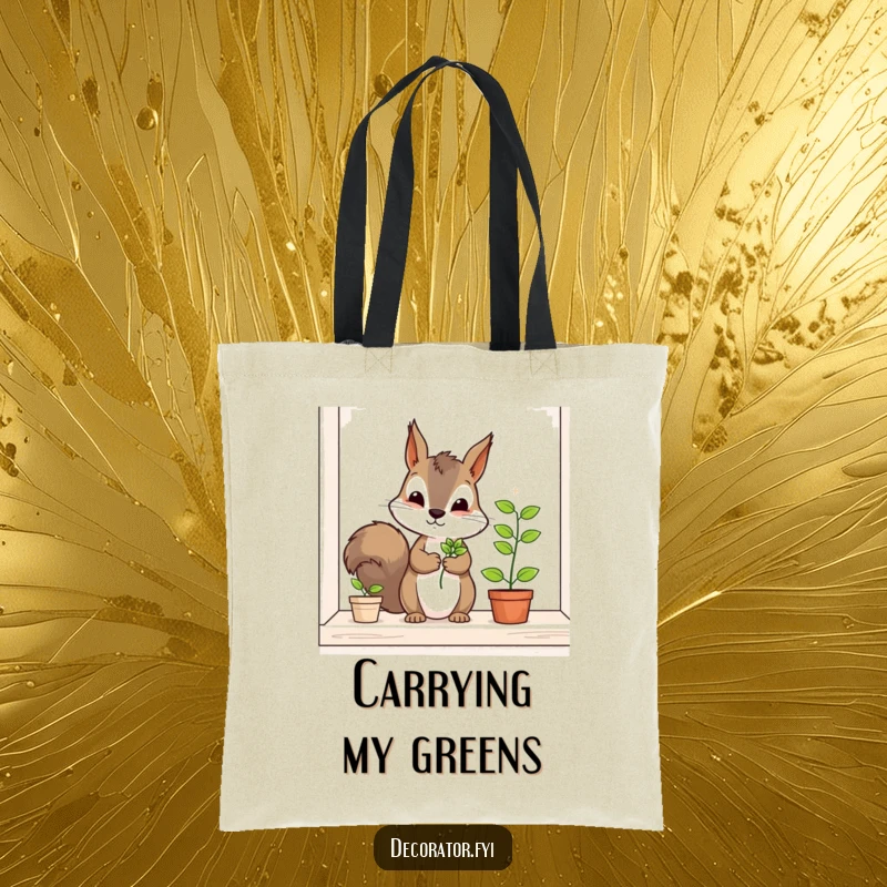 Funny squirrel tote bag, a determined character carefully placing a tiny plant on a shelf, perfect for carrying essentials with a gardening theme.