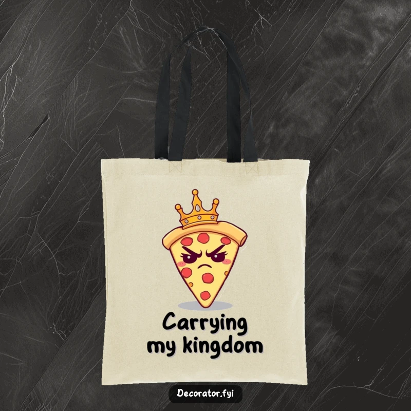 Funny tote bag with a grumpy pizza slice trying to wear a tiny crown, looking annoyed. A humorous accessory gift.