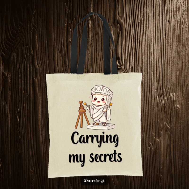 Funny tote bag showing a mischievous character pretending to be a statue with a tiny paintbrush, perfect for art missions.