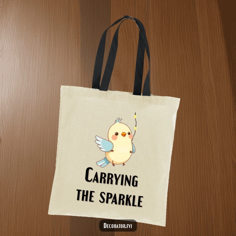Funny tote bag showcasing a happy bird busy hanging a miniature string of twinkling lights, perfect for holiday shopping.