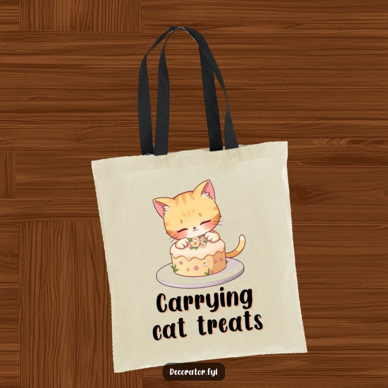 Funny cat carefully decorates a small cake with tiny flowers, a charming accessory for a funny tote bag.