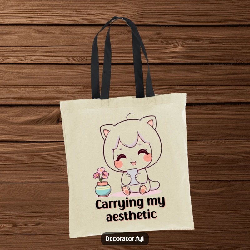 Funny decor tote bag with a contented character admiring a perfectly placed accent piece, showcasing refined taste.