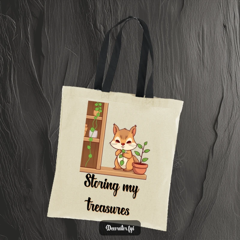 Funny tote bag with a determined squirrel character carefully placing a plant on a shelf, perfect for carrying gardening tools.