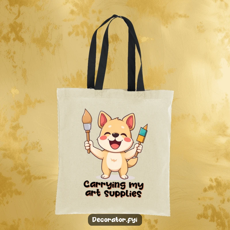 Funny dog tote bag with a delighted dog holding a paintbrush, symbolizing artistic endeavors and practical storage for art supplies.