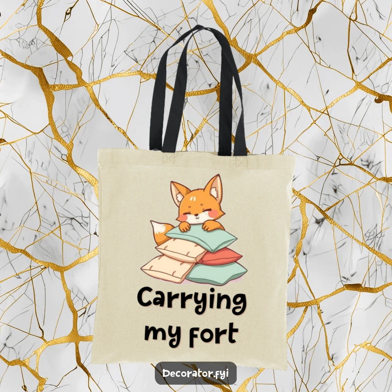 Funny mischievous fox winking while arranging a pile of cushions, depicted on a humorous and practical tote bag.