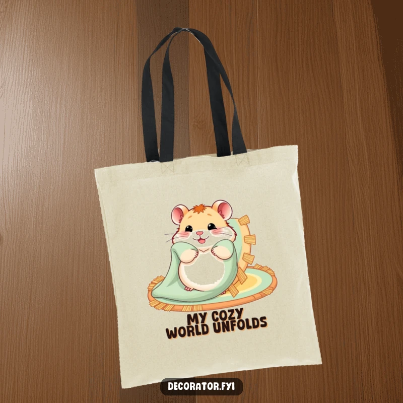 Funny tote bag illustrating a hamster happily unfurling a decorative rug, perfect for carrying essentials with a smile.