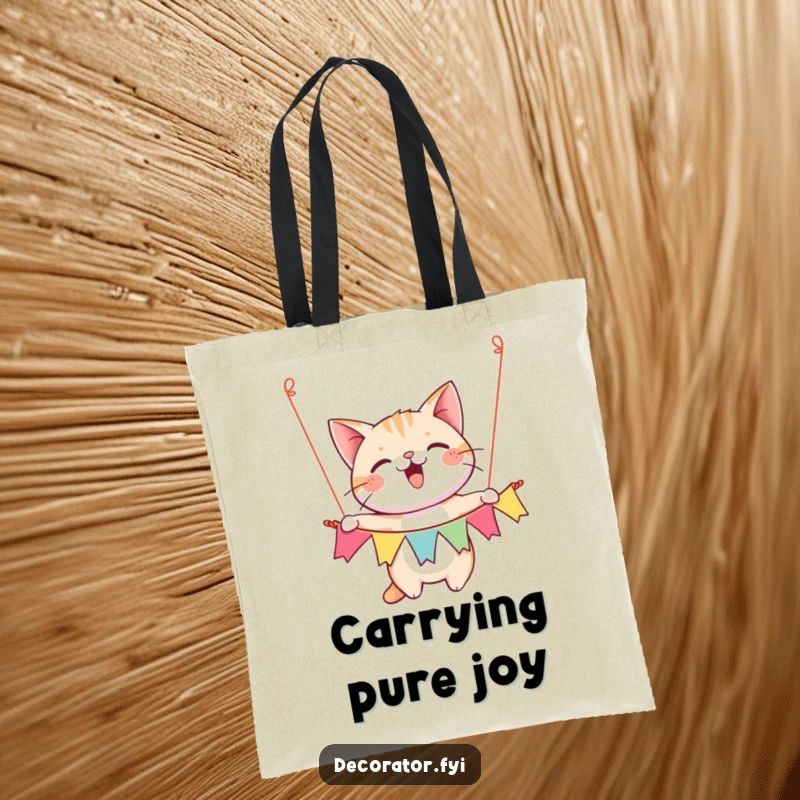 Funny tote bag illustrating a happy cat character gleefully hanging a festive banner, ready for any celebration.