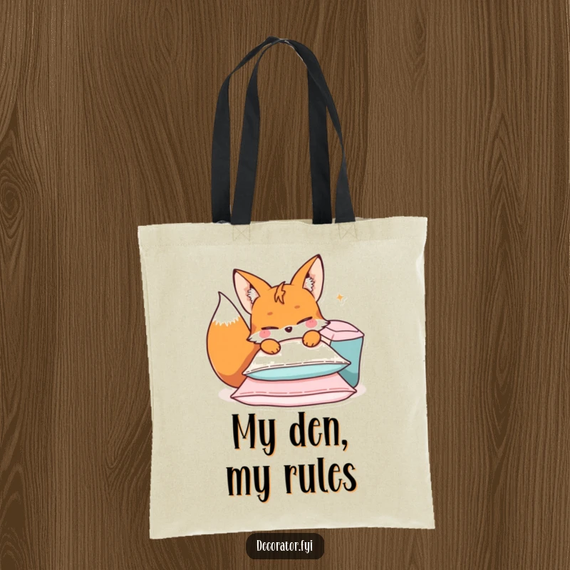 Funny tote bag with a mischievous fox character winking while arranging cushions, perfect for carrying treasures.