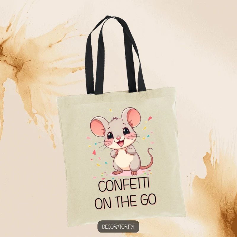 Funny mouse tote bag with a cheerful mouse scattering confetti, perfect for carrying party essentials and spreading festive vibes.