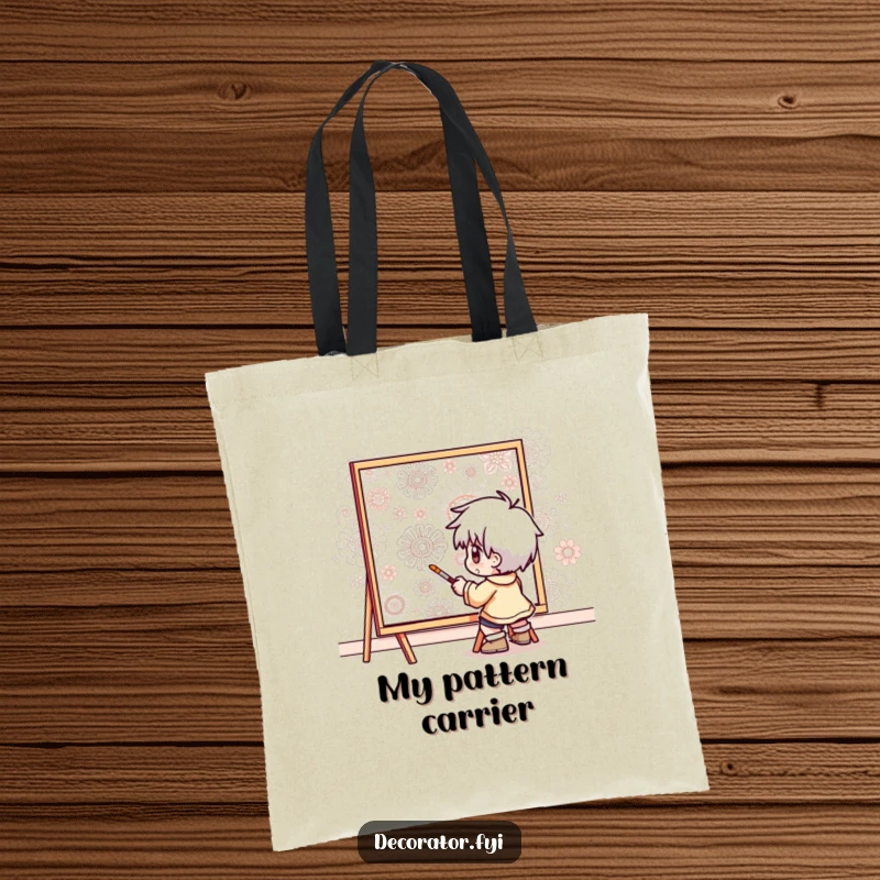 Funny tote bag with a determined character meticulously painting intricate patterns onto a wall, great for carrying art supplies.