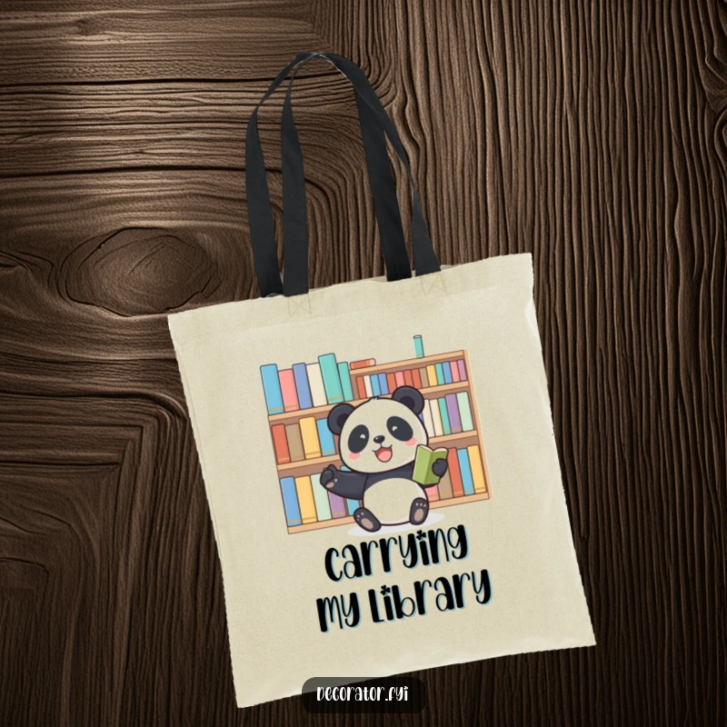 Funny panda tote bag with a joyful panda arranging books, perfect for carrying books and essentials with a touch of humor.